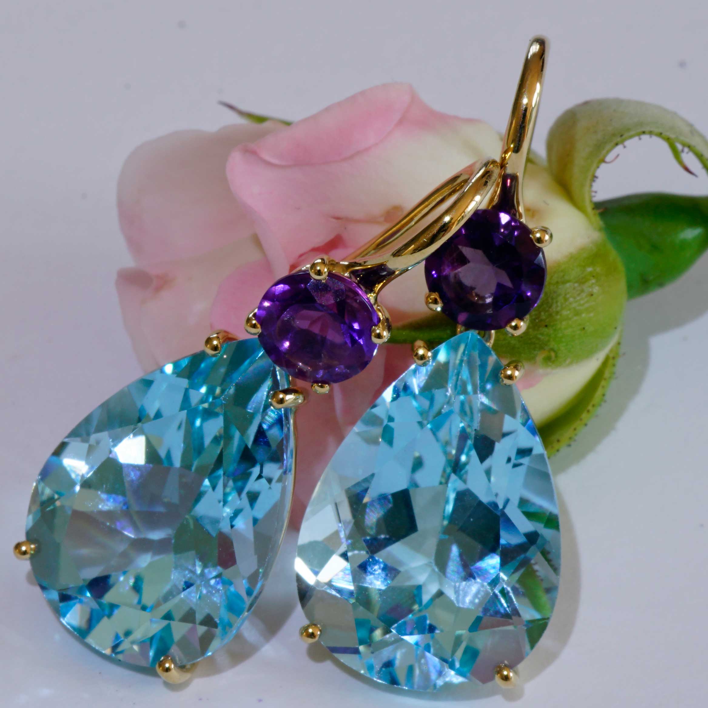 Bluetopaz Amethyst Earrings of high quality made in a traditional Italian goldsmith in Valenza, modern Design