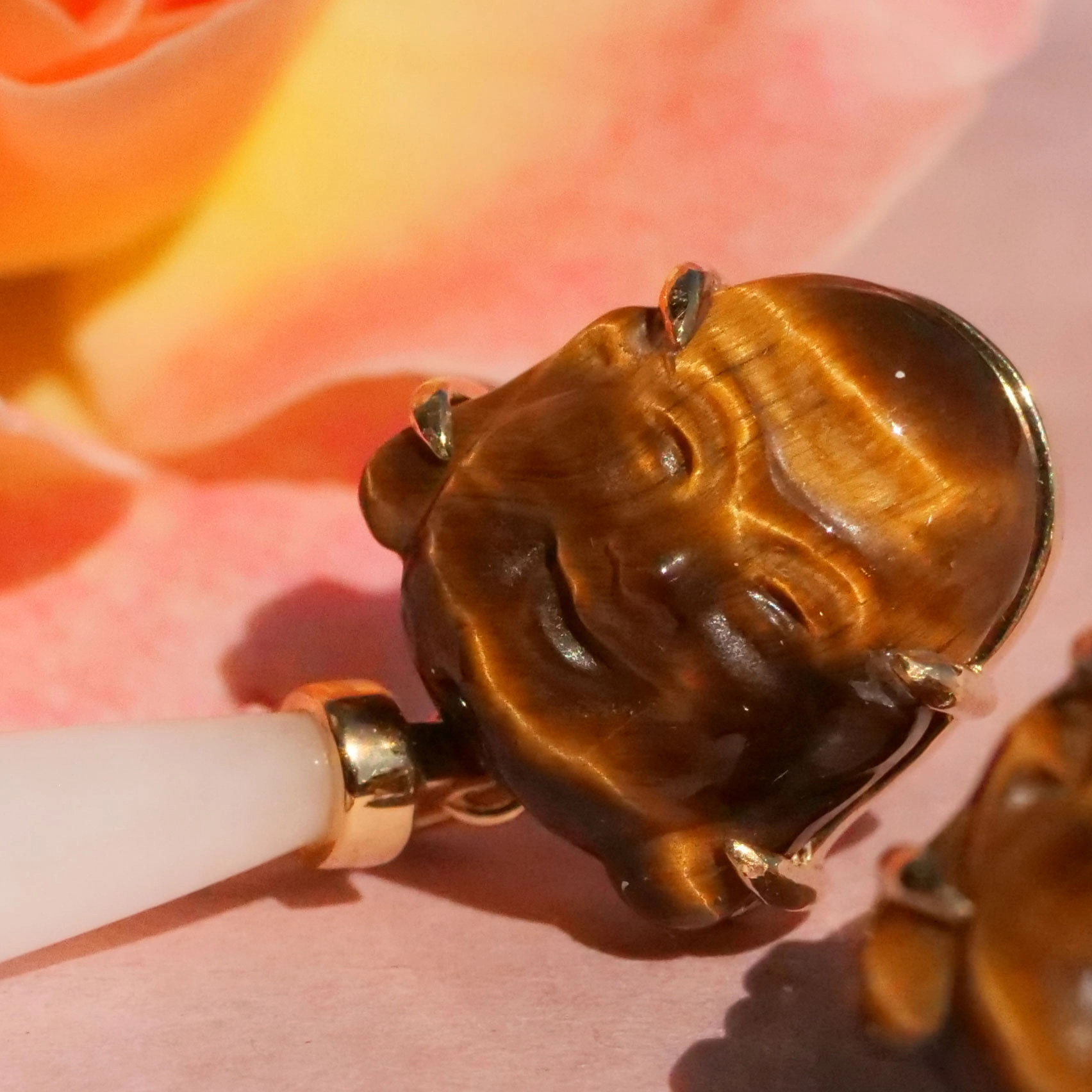 Cacholong Tiger Eye Buddha Head Earrings 18 kt Yellow Gold...makes happy