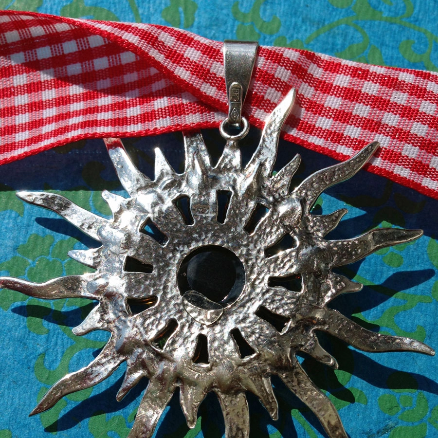 Trachten Anhänger Bernstein Sonnenmotiv 925er Silber 60 x 55 mm gross