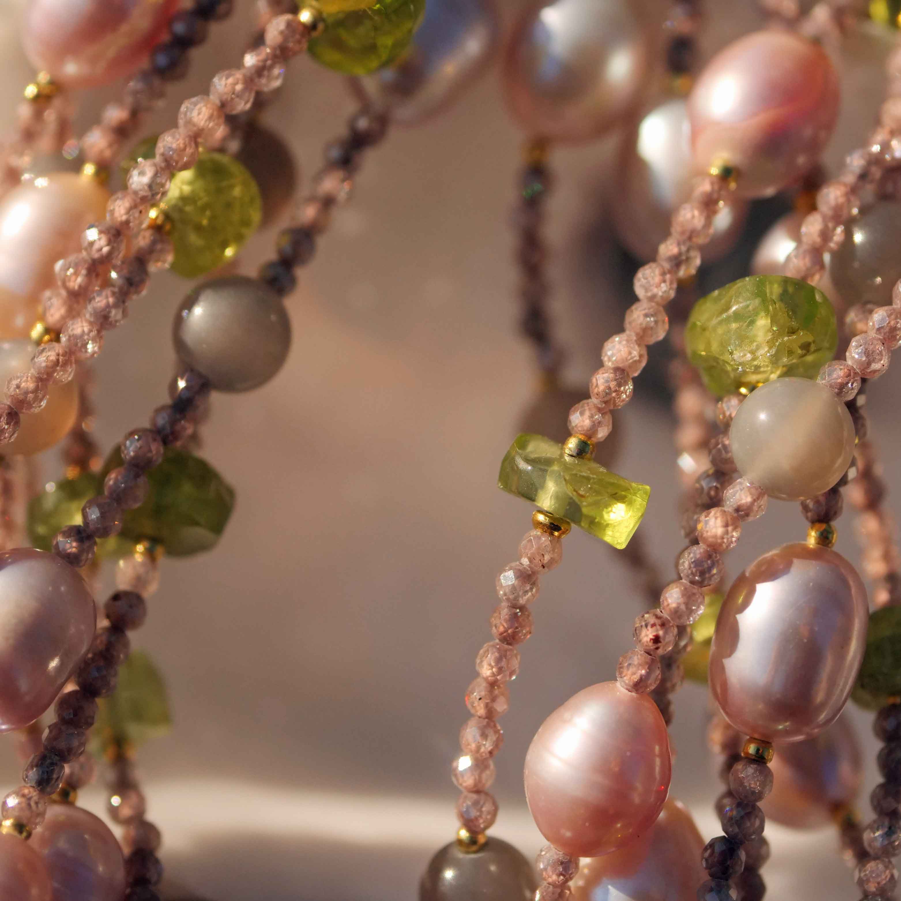 Turmalin Peridot Mondstein Perl Collier mit Magnetschliesse in vergoldet 49,5 cm 7-reihig 