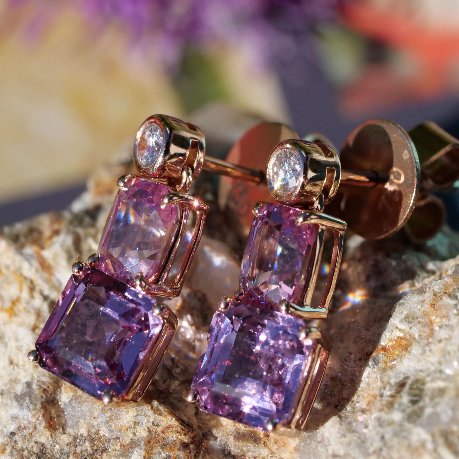 Spinell Brillant Ohrstecker Burma AAA lila pink AIG Expertise grazil und fein in 750er Rosegold