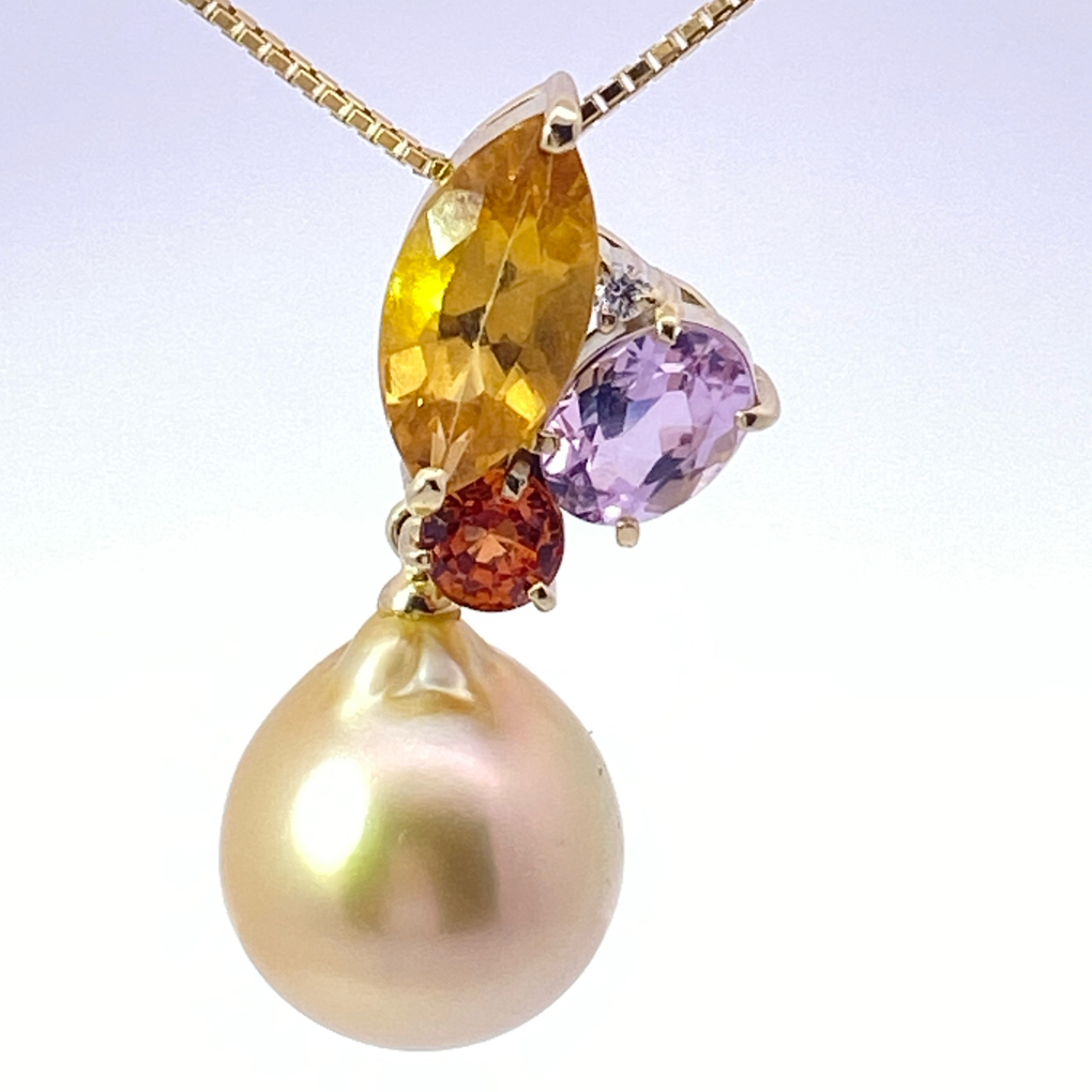 South Sea Pearl Gemstone Brilliant Pendant with Chain 750 Yellow Gold... Multi Paradise Colors