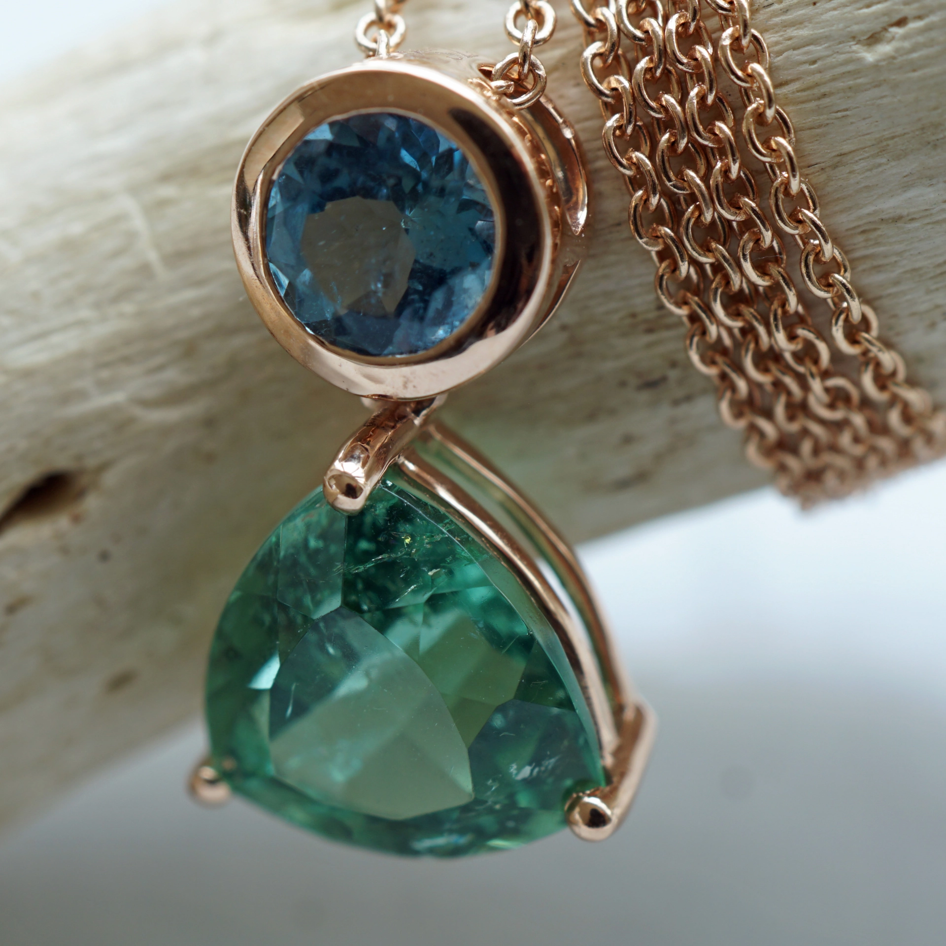 Turmalin Aquamarin Anhänger m. Kette 750er Rosegold 2.19 ct 0.36 ct AAA paraibafarben