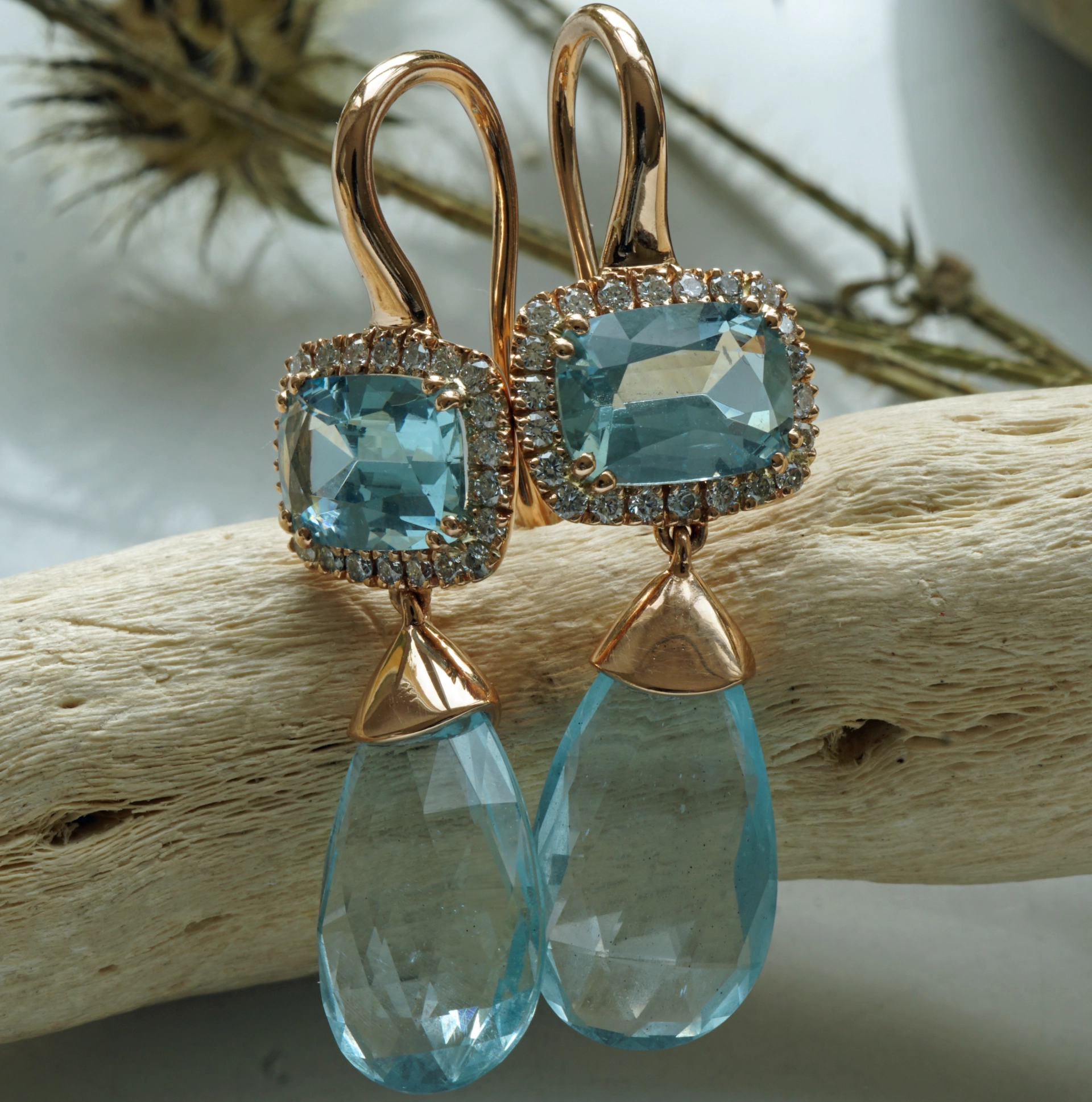 Aquamarin Brillant Ohrhänger 750er Rosegold 7.84 ct designed in Valenza