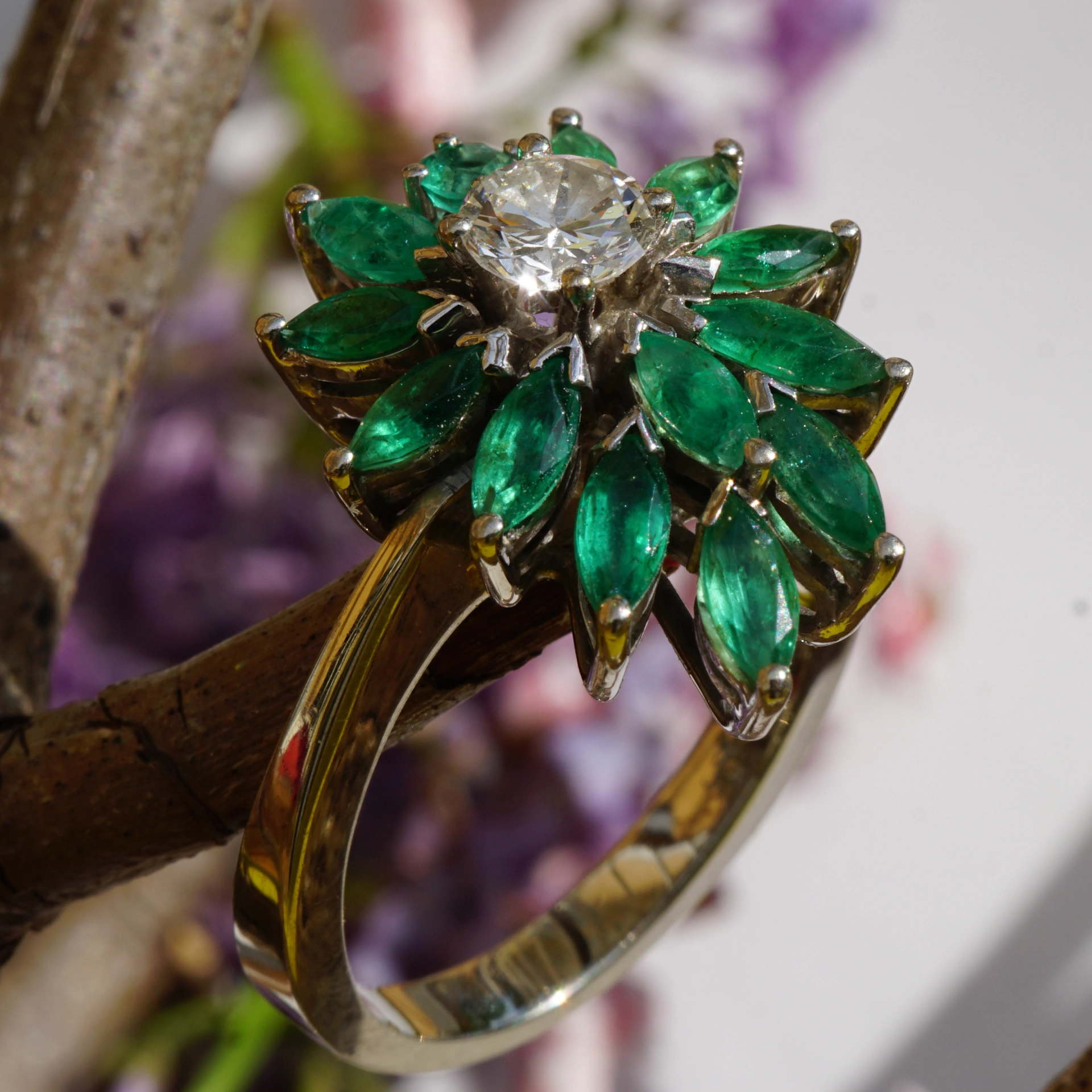 Brillant Smaragd Ring 585er Weissgold Weiss Lupenrein 0.53 ct Vintage 80er Jahre