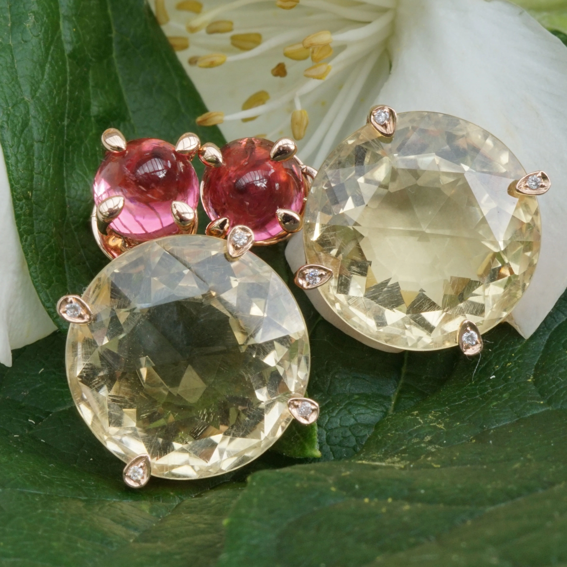 Citrine Tourmaline Ear Studs 18 Gold 20 carat