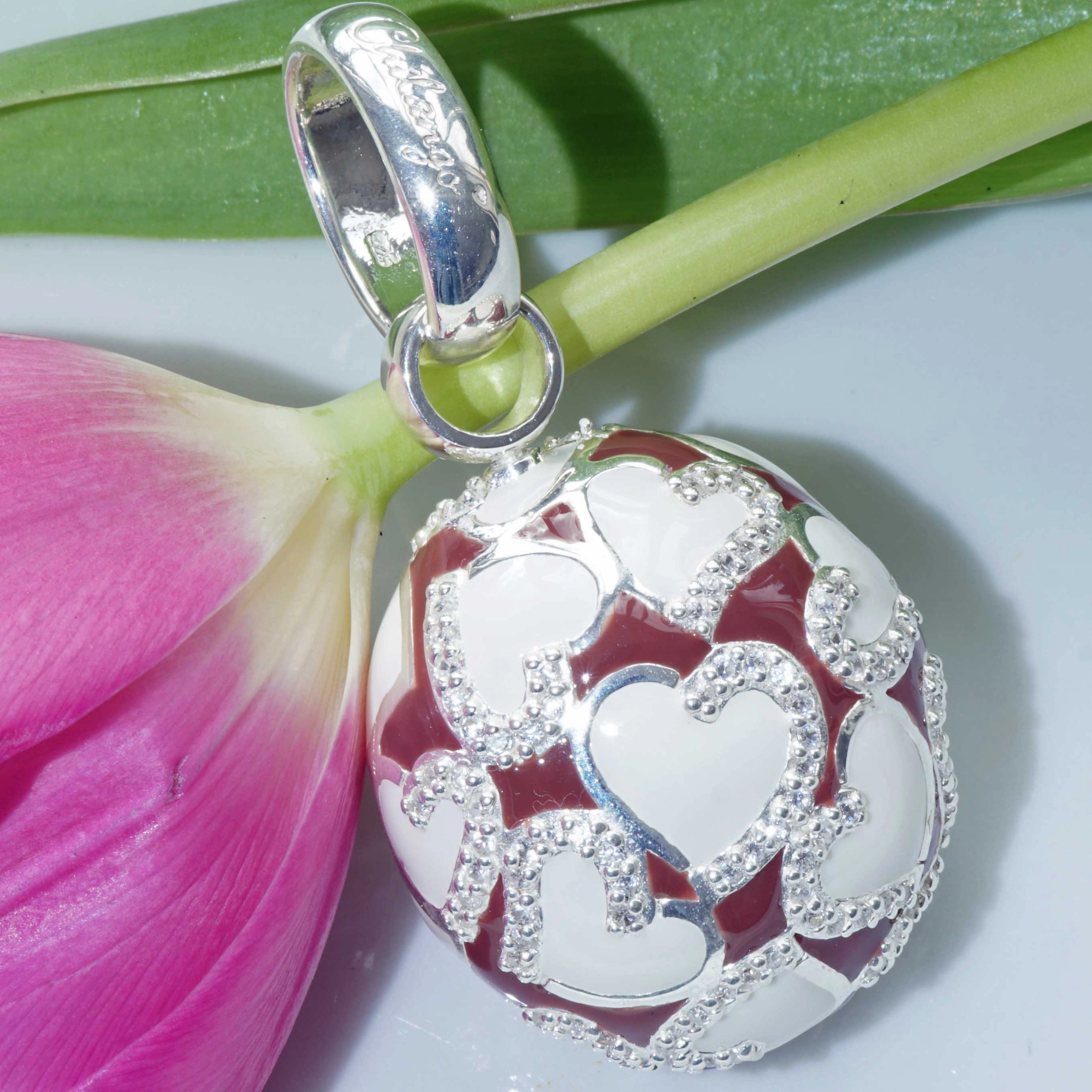 Chilango Pendant Faberge Style Heart red-brown 925 Silver Enamel