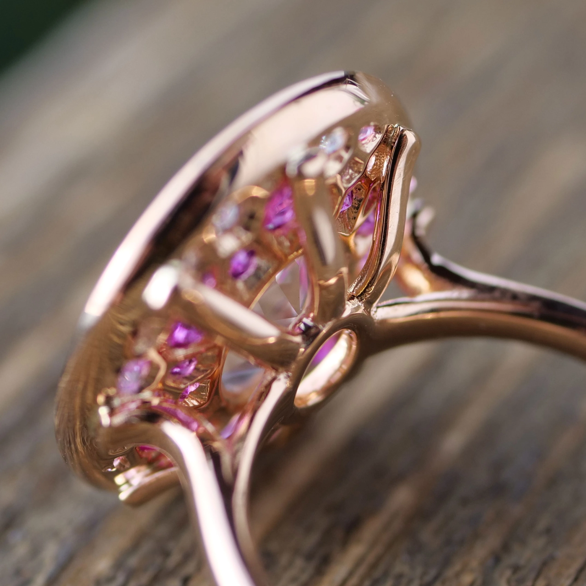 Power of Love...Rosegold Ring in Mystic Pink Colors with Saphire and Diamonds
