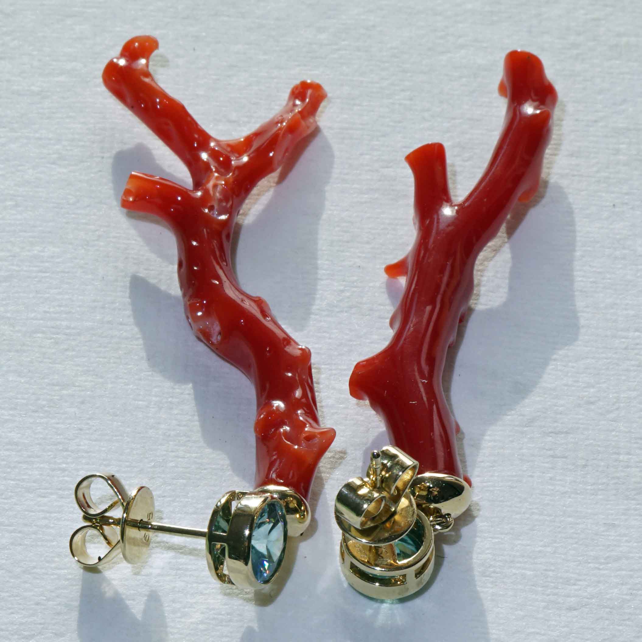 Coral Branch Blue Zircon Earrings 585 Yellow Gold... Immerse yourself in the world of the seas 2.35 ct 20 ct