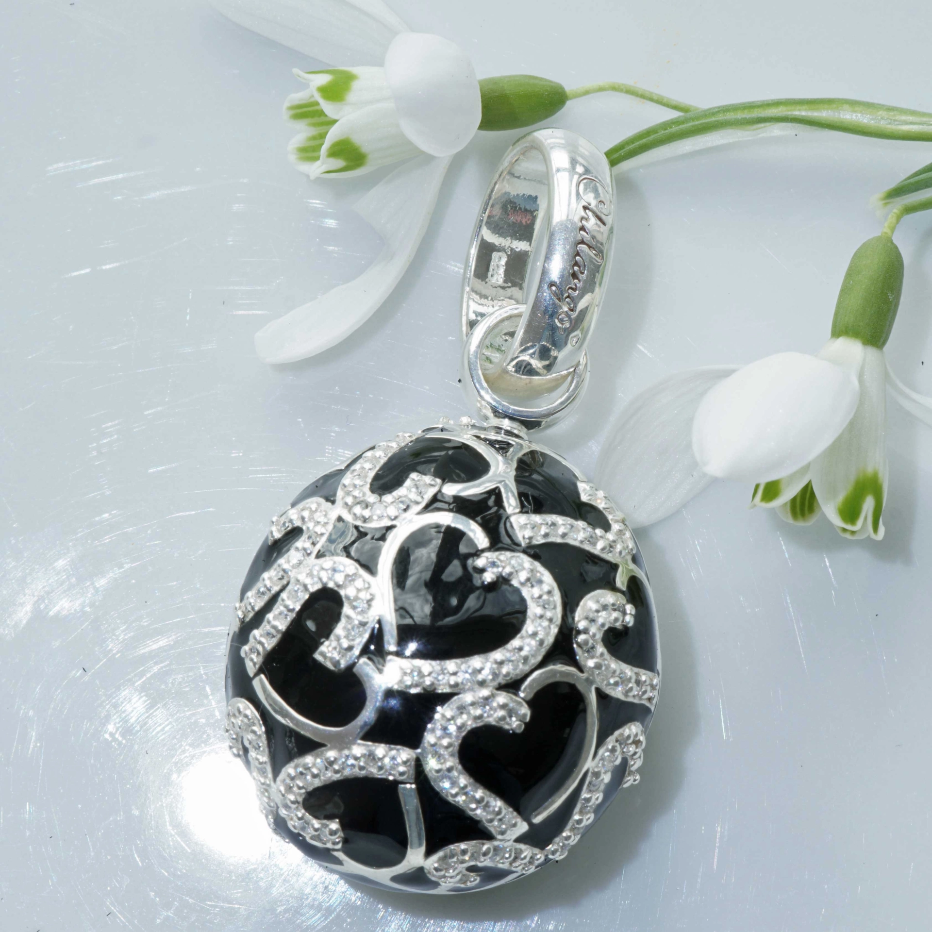Chilango Pendant Faberge Style Heart Black 925 Silver Enamel