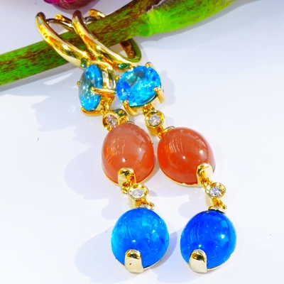 Neon blue paraibacolored Apatite Topaz and Moonstone Earrings 18 kt Jewellery 