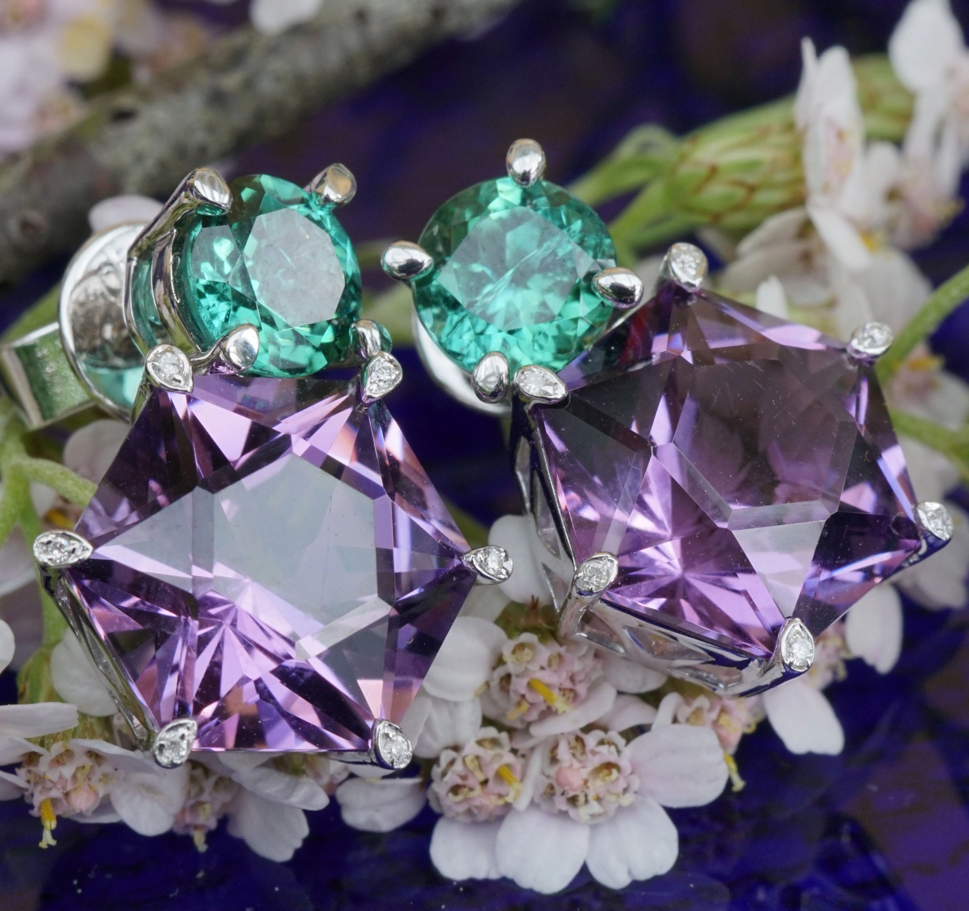 Amethyst Turmalin Ohrstecker 750er Gold 10 CARAT HÖCHSTE SCHLIFFGÜTE