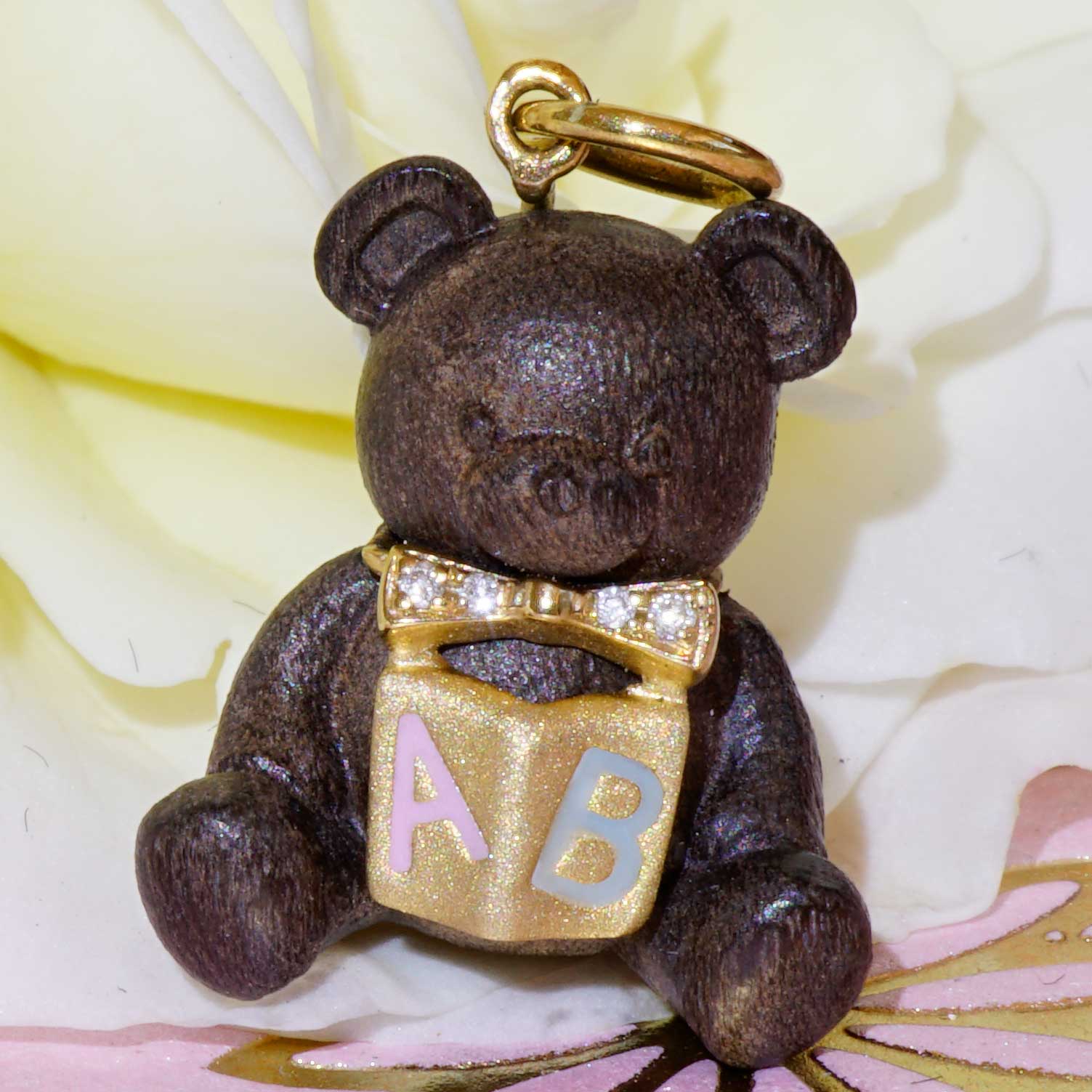 Brilliant Teddy Bear Book Pendant...so cute...18 kt Yellow Gold...precious Wood