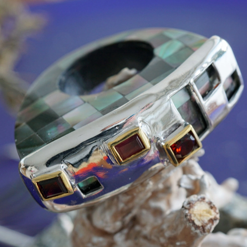 PERLMUT GRANAT Ring MODERNART Silber vergoldet ausgefallenes Schachbrettdesign
