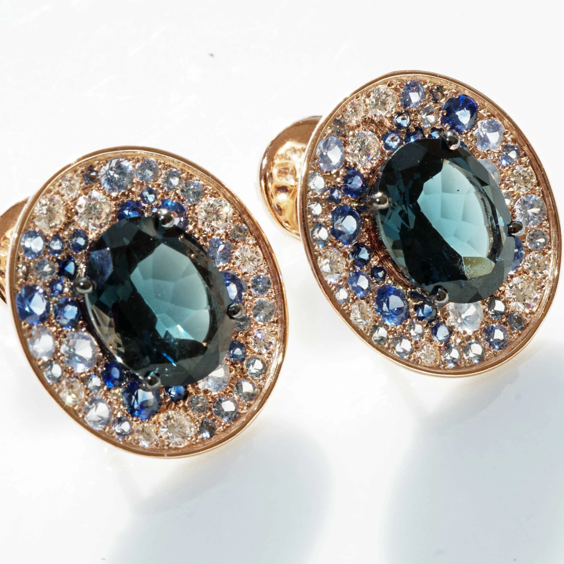 Power of Magic..Rosegold Earstuds in Mystic Blue Colors with Saphire and Diamonds