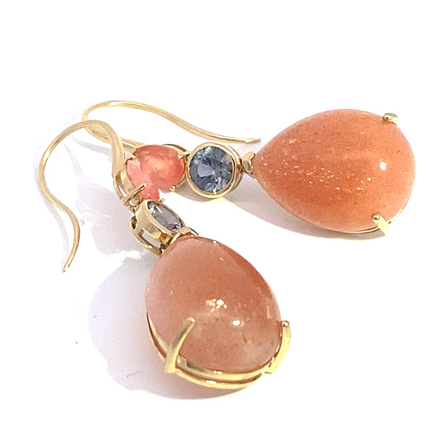 Rhodochrosite Spinel Sunstone Drop Earrings in 585 Yellow Gold... refreshingly different colors in orange and pink