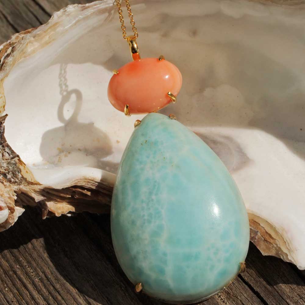 XL Larimar Coral Pendant 105 ct 9 ct in 585 Yellow Gold...has the Potential to become a favorite Piece