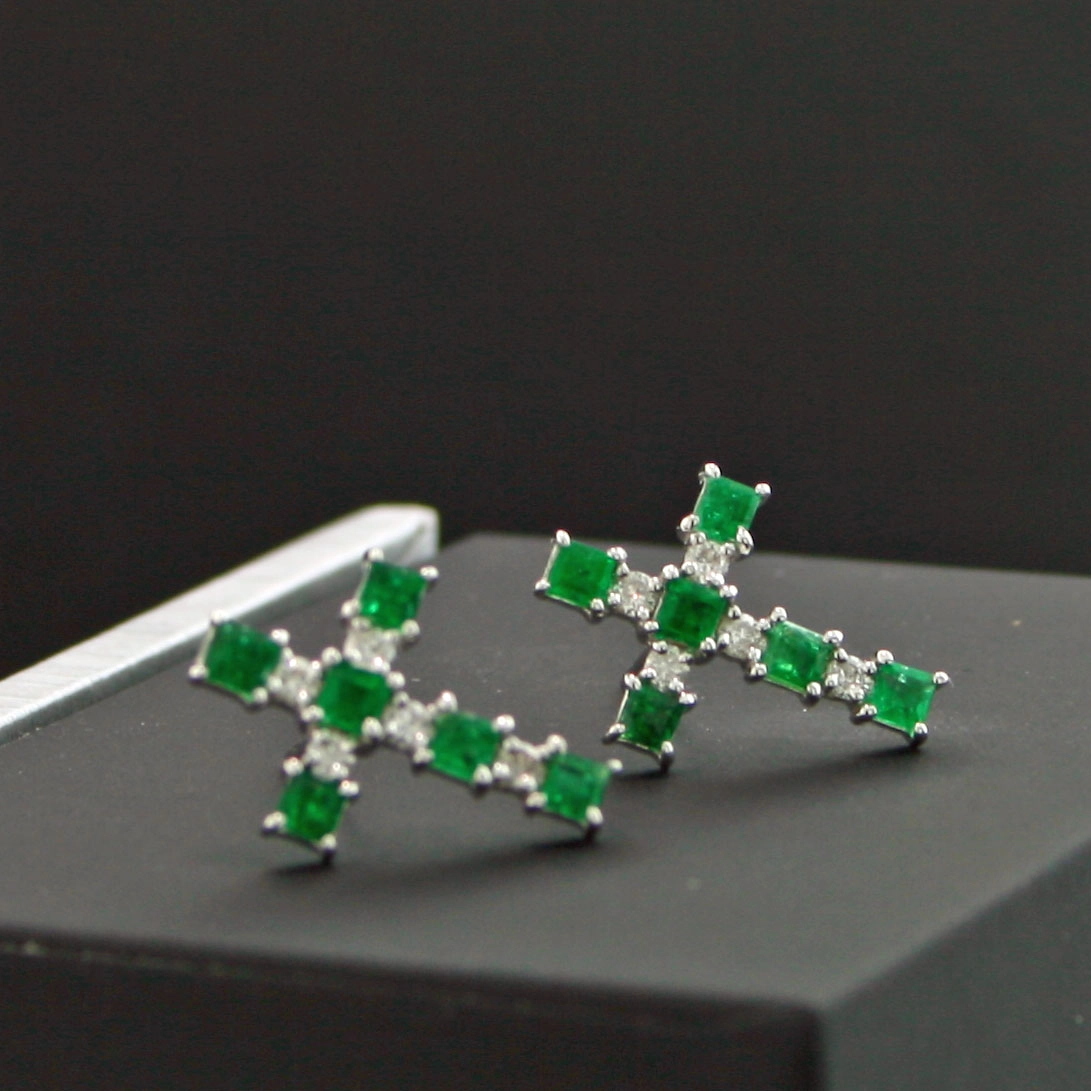 Fine Emerald Earsticks...simply looks fashionable...Cross 18 kt Gold with Diamonds