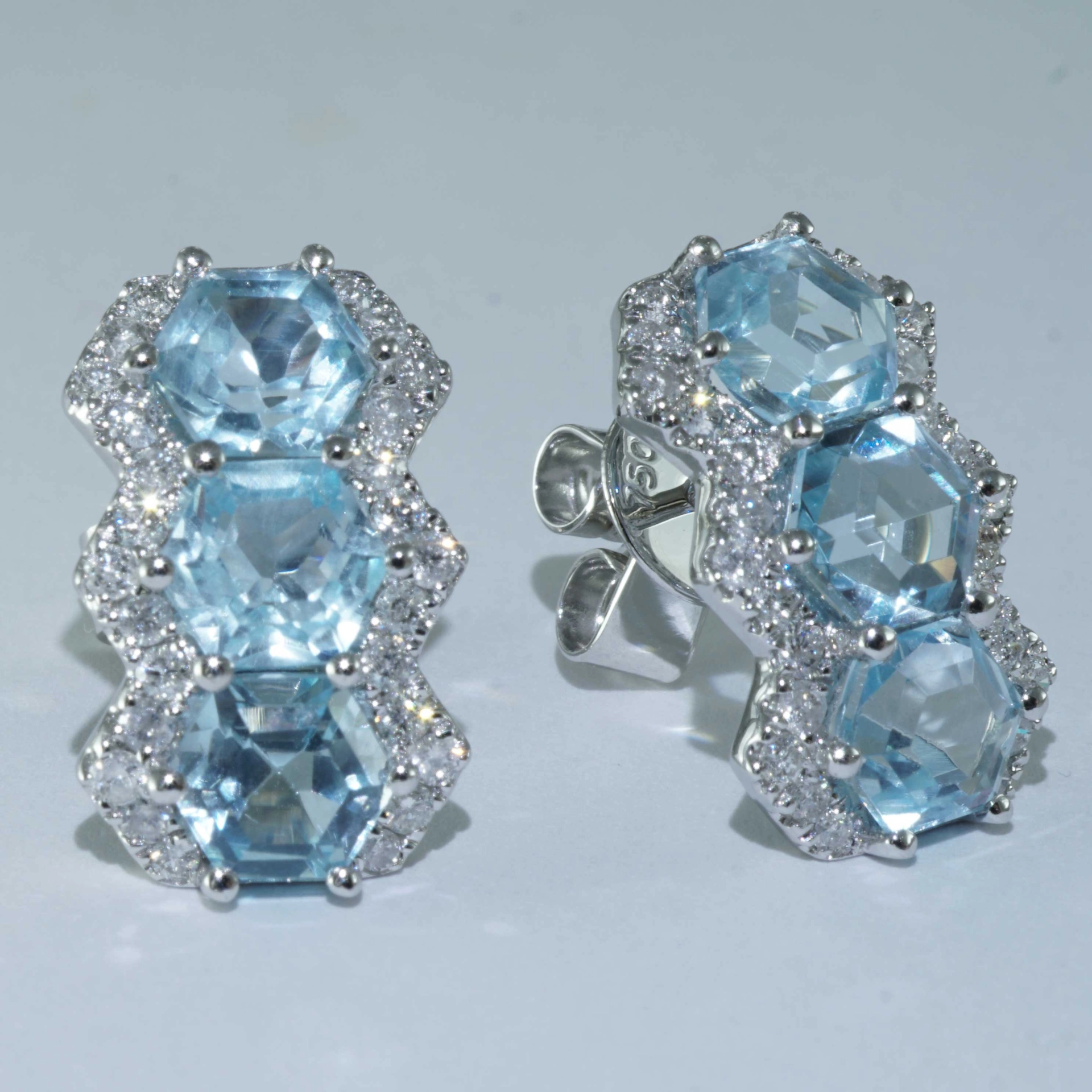 Hexagonal Cut Blue Topaz Earrings 18 kt White Gold with Diamonds