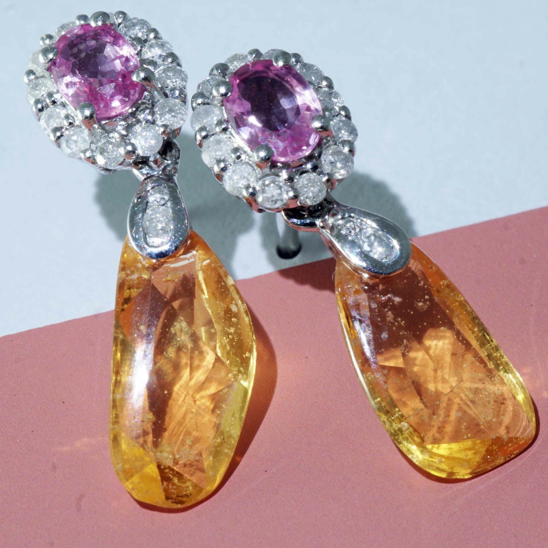 Pink and Yellow Sugarloaf Saphire with Diamond Earrings 18 kt Yellow Gold