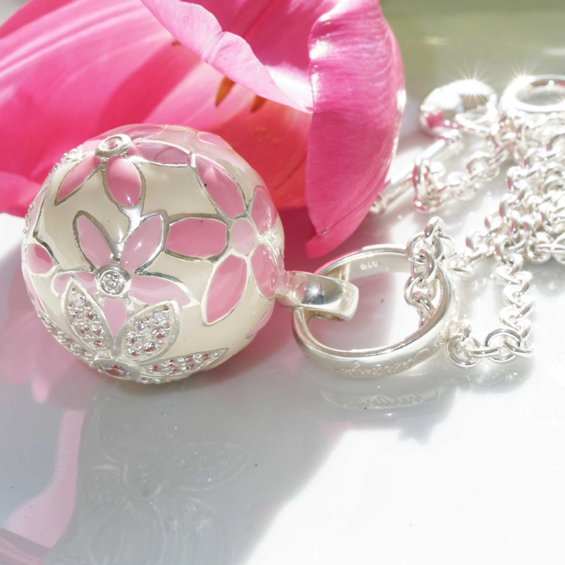 Chilango Pendant Faberge Style  pink Flower with Circonia 925 Silver Enamel