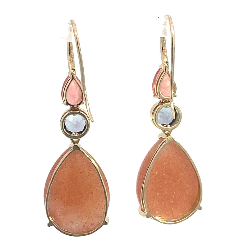 Rhodochrosite Spinel Sunstone Drop Earrings in 585 Yellow Gold... refreshingly different colors in orange and pink