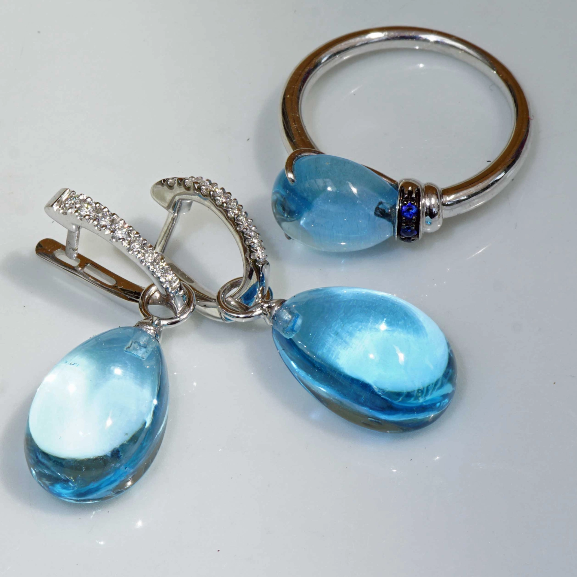 Swiss Blue Color Topaz and Brilliants 18 kt White Gold...a miracle Combination