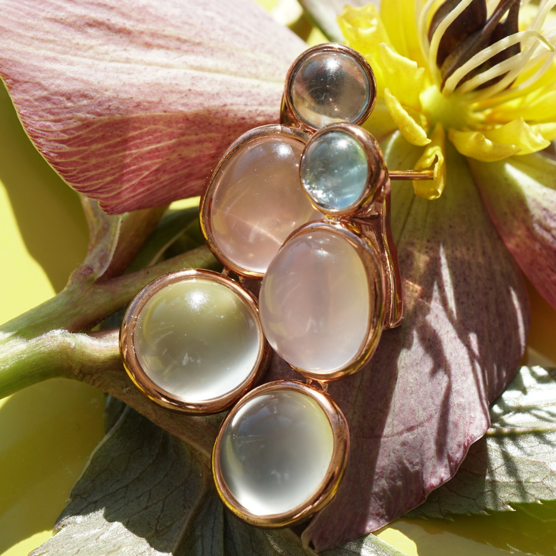 Ohrhänger in 750er Rosegold Mondstein Rosenquarz Aquamarin Fashionfarben