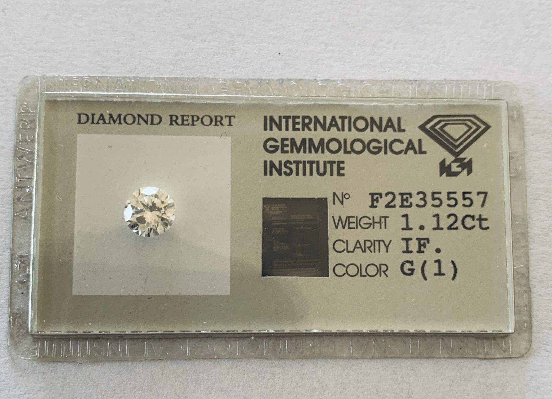 Vollschliff Brillant eingeschweisst 1.12 ct G(1) weiss / IF lupenrein Expertise IGI