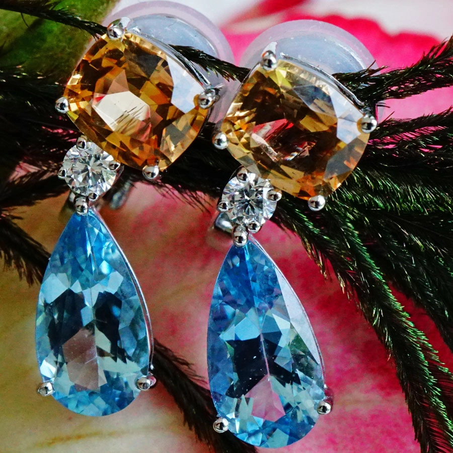 Imperial Topaz Aquamarine Earrings 18 kt White Gold Swedish Colors