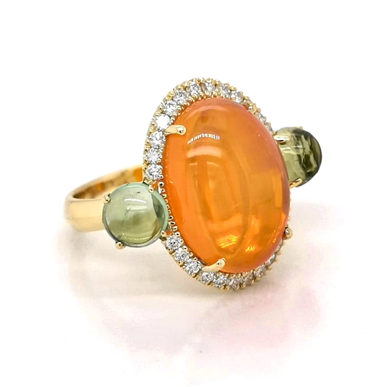 Fireopal Turmalin Ring 18 kt Yellowgold made in Valenza Springcolors