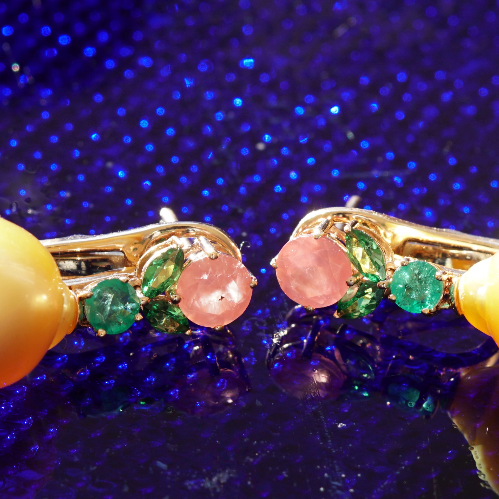 Rhodochrosit Smaragd Demantoid FEEN Ohrhänger mit goldenen Südsee Zuchtperlen 750er Rosegold