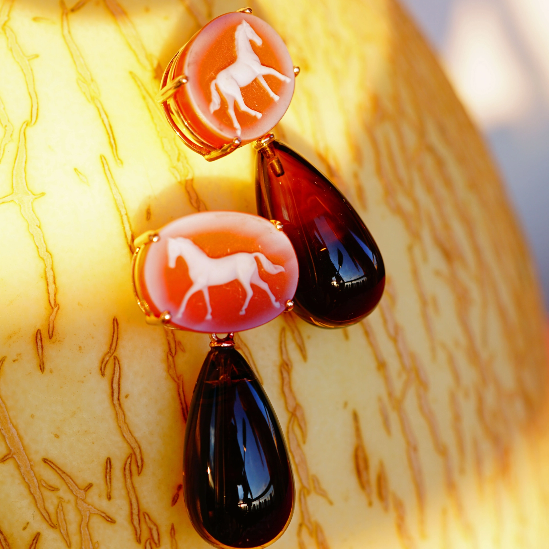 Earrings with Horse Carnelians 18 kt Yellow Gold...with Smokey Quartz Beads
