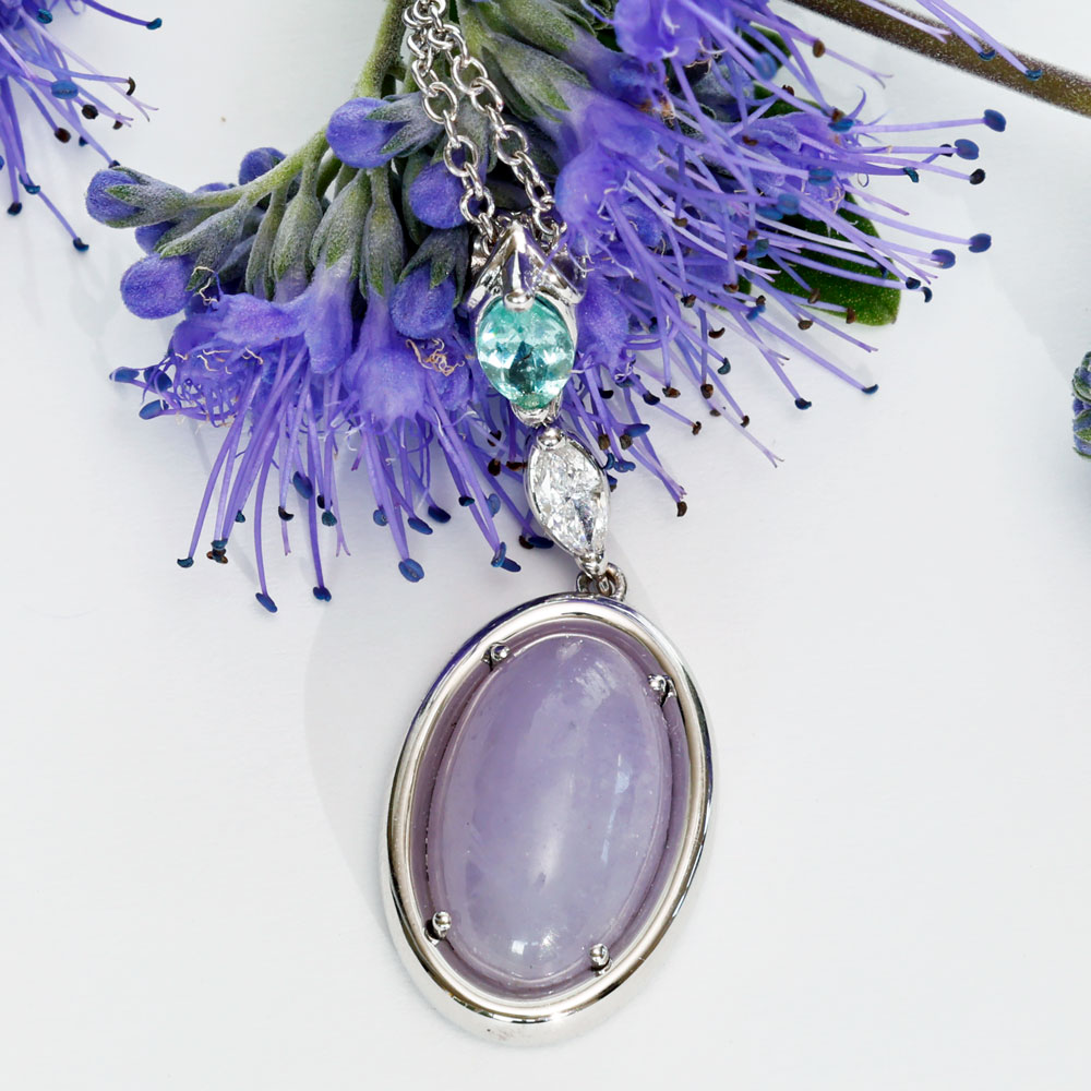 Paraiba Tourmaline Jade Brilliant Necklace 5 ct 0.27 ct 0.11 lavender combined with swimming poolteal... Exciting