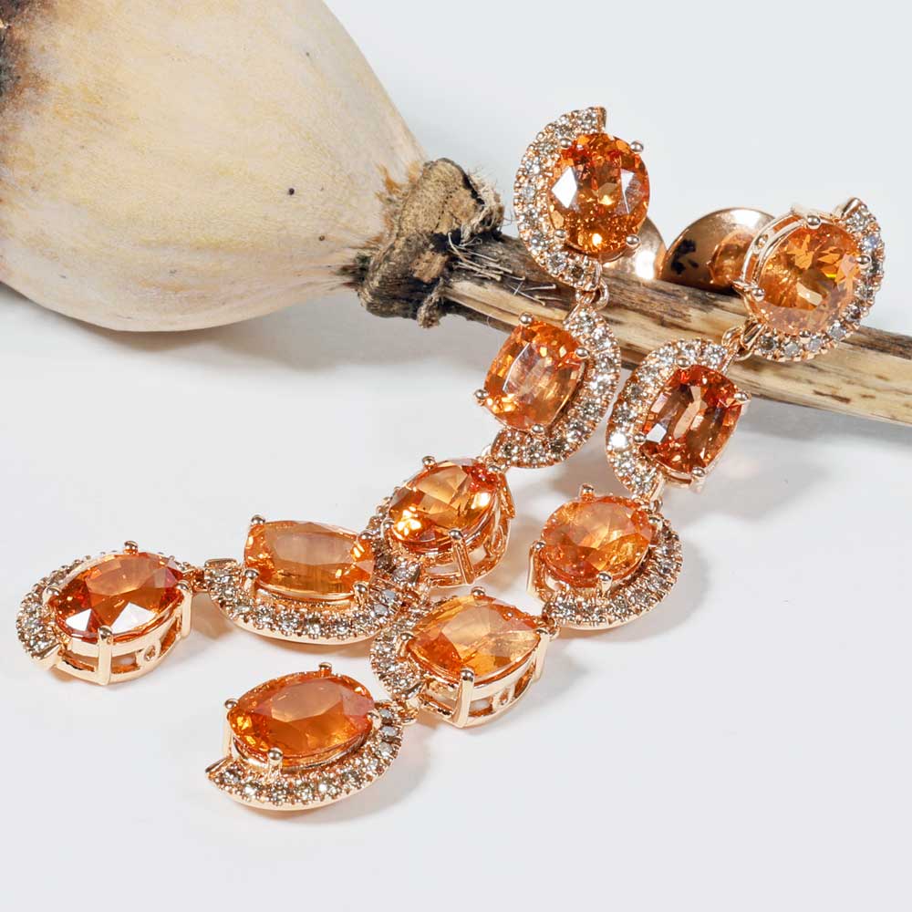 Rare Mandarin Garnet Brilliant Chandelier Dangle Earrings 750 Rose Gold 14.85 ct 0.76 ct Exceptional Color Orange