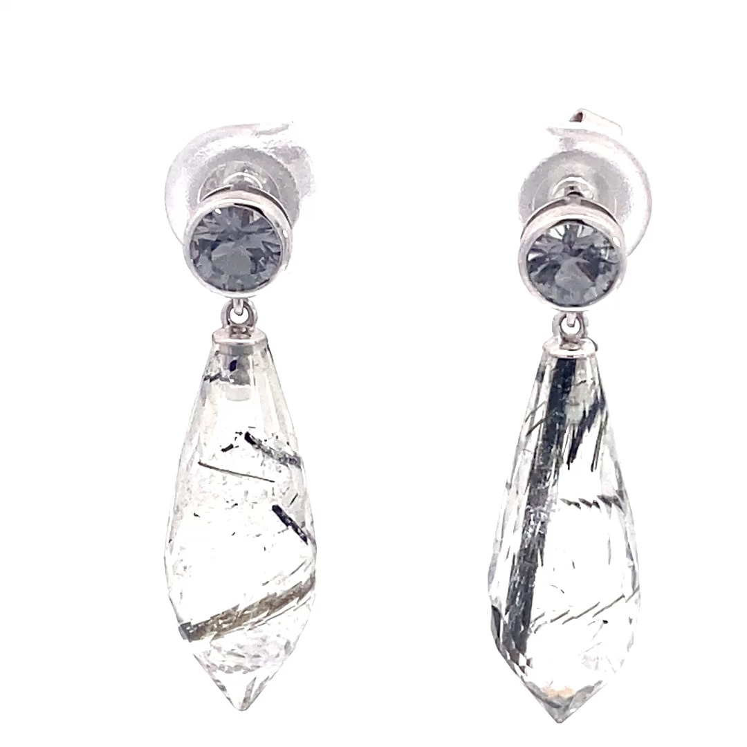 Long Spinel Rutilated Quartz Stud Earrings in Cool Glacier Colors... hot Ice... in 585 White Gold