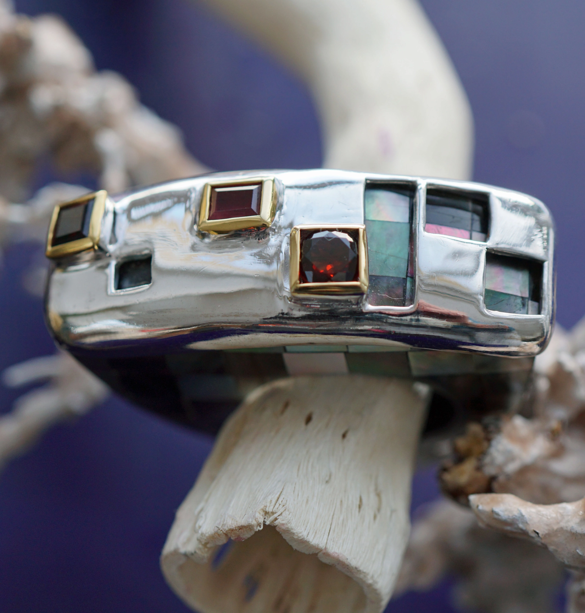 PERLMUT GRANAT Ring MODERNART Silber vergoldet ausgefallenes Schachbrettdesign