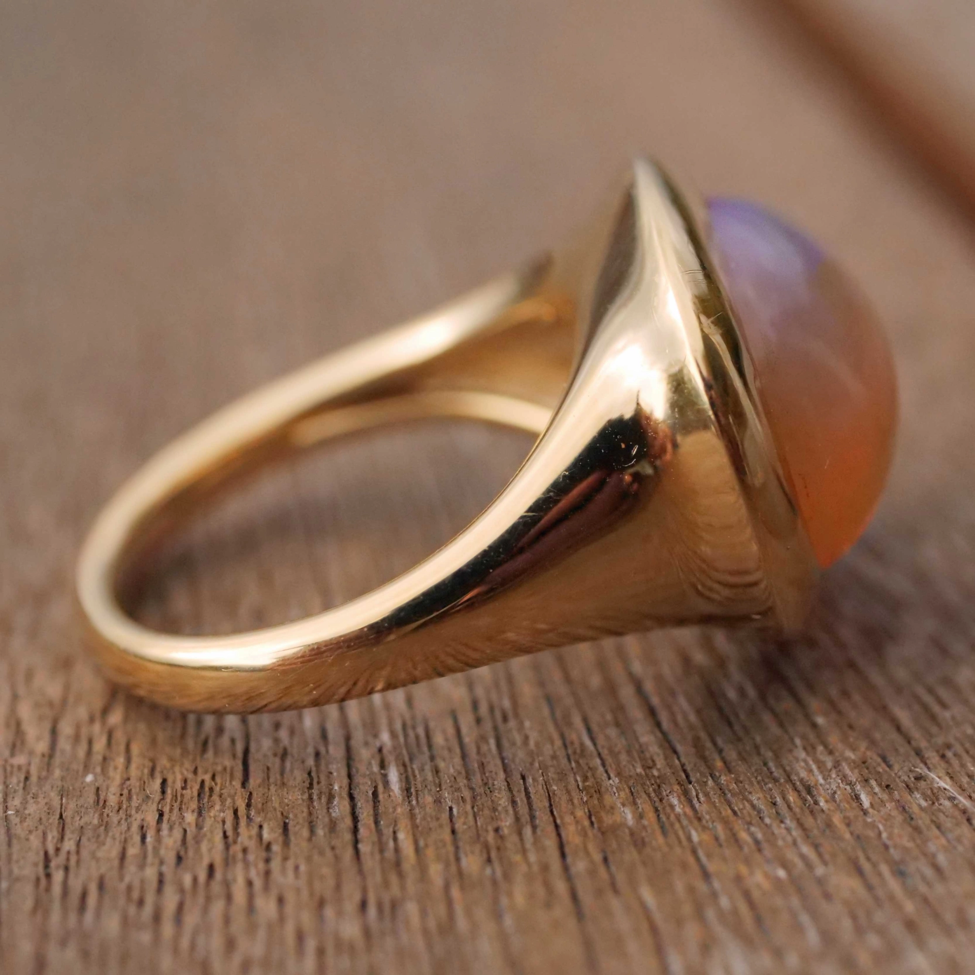 Fire Opal Ring 7 ct modern Cushion Design 18 kt Yellow Gold made in Valenza (Italy)