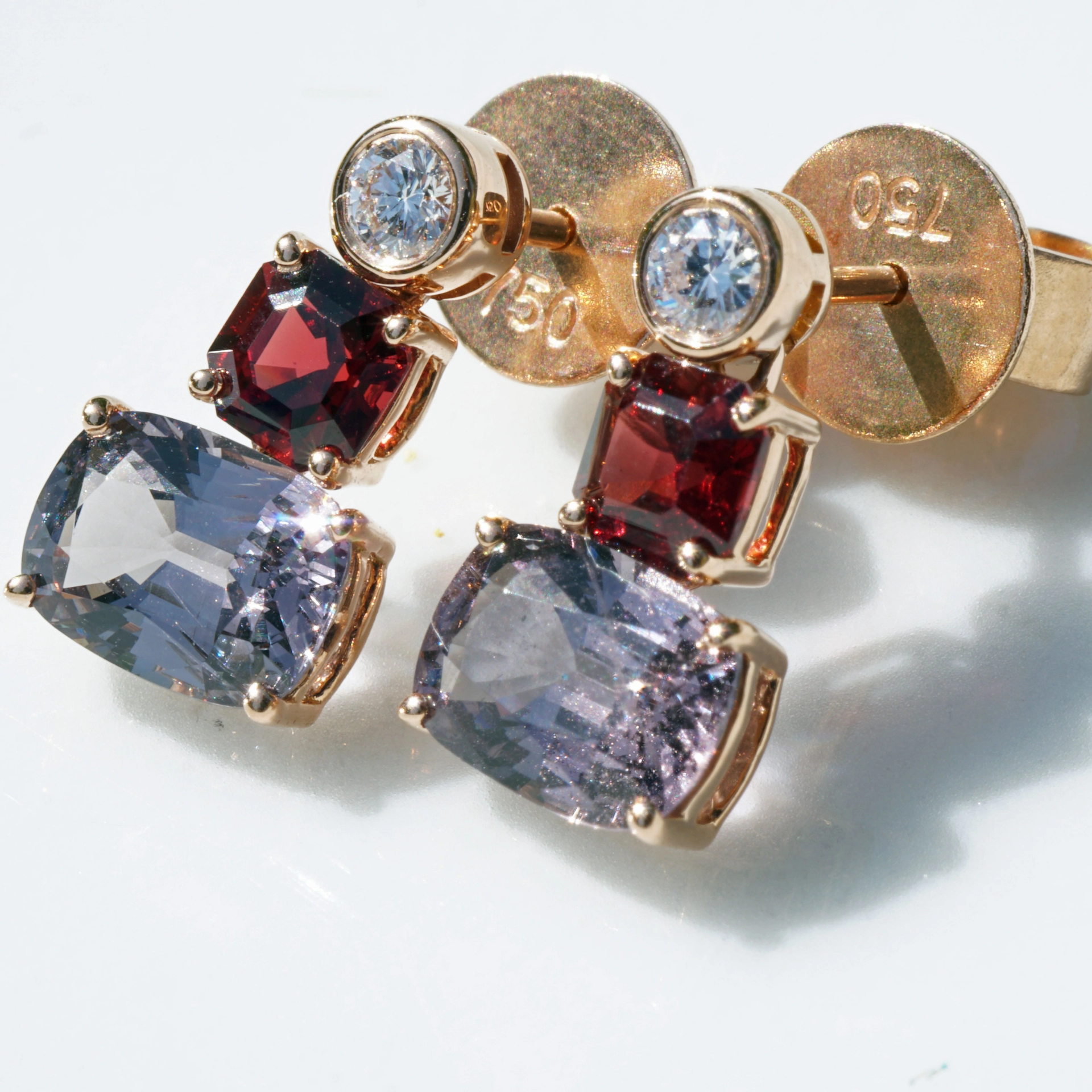 Spinel Diamond Earrings from Burma...Red and Grey-violet 18kt Rosegold