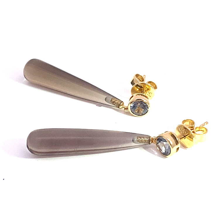 Spinel Smoky Quartz Stud Earrings in 585 Yellow Gold... long samples flatter your face
