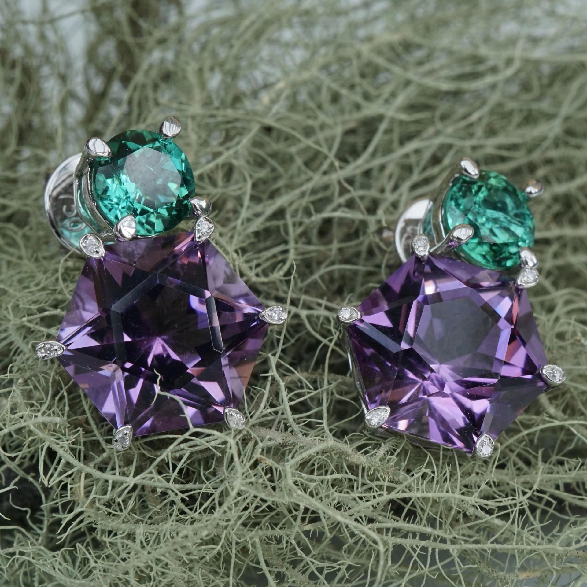 Amethyst Turmalin Ohrstecker 750er Gold 10 CARAT HÖCHSTE SCHLIFFGÜTE
