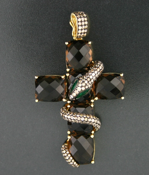 Anhänger mit braunen Brillanten, Rauchquarz und Smaragd