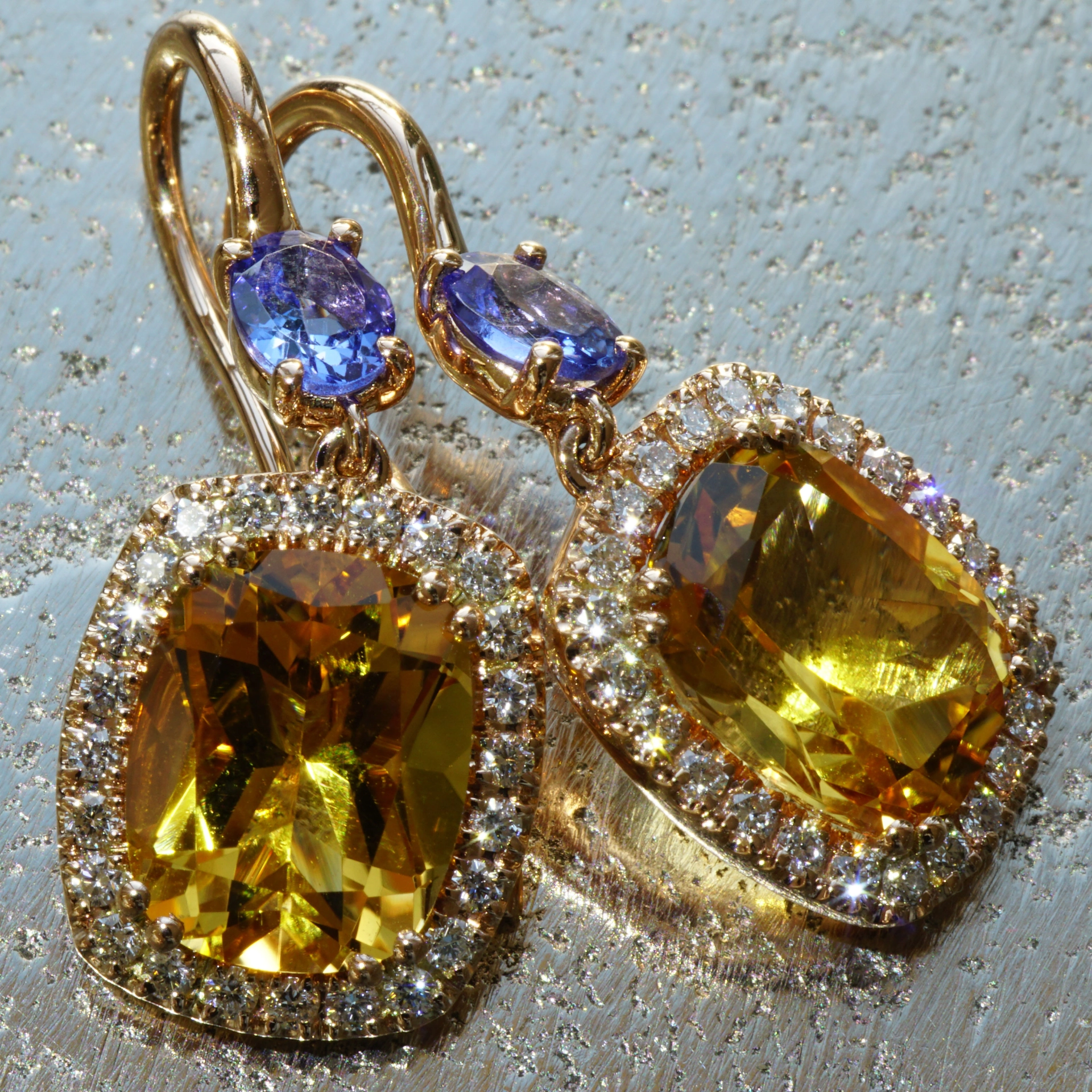 Tanzanite Citrine Earring with Brilliants 18 kt Rose Gold....High Quality Jewellery