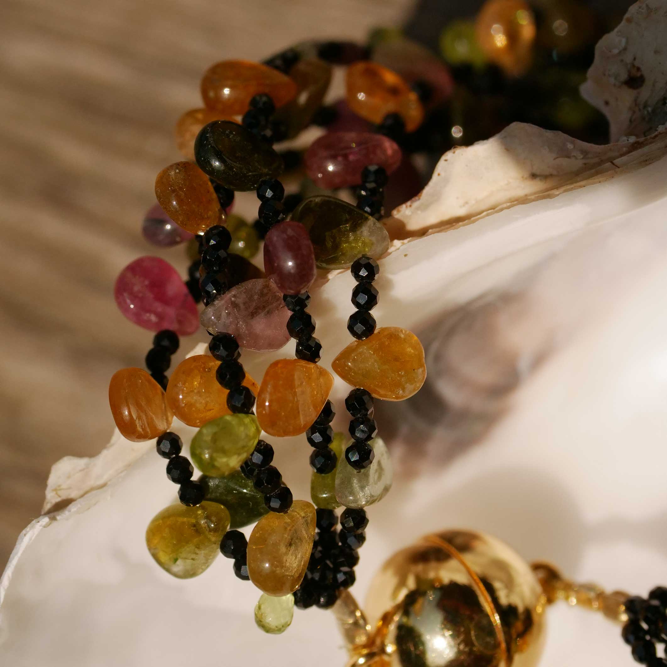 Turmalin Spinell Collier mit Magnetschliesse in 925er Silber/vergoldet 49,5 cm 5-reihig