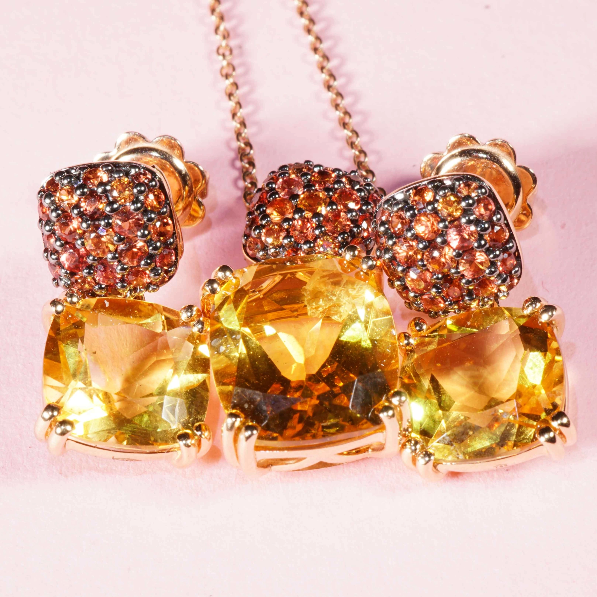 Yellow Citrin and orange Saphire Rosegold Necklace....stunning Kombination 