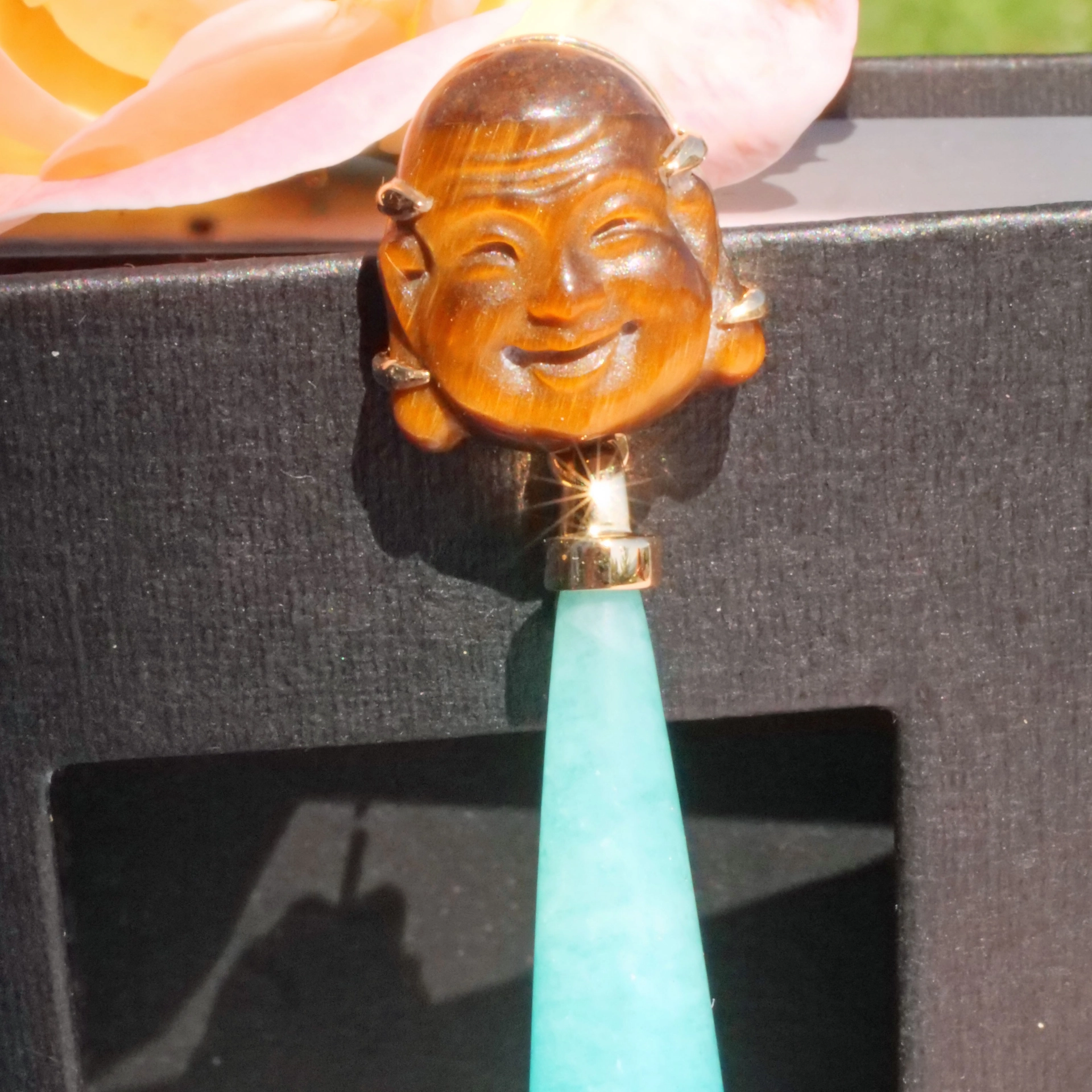 Cacholong Tiger Eye Buddha Head Earrings 18 kt Yellow Gold...makes happy