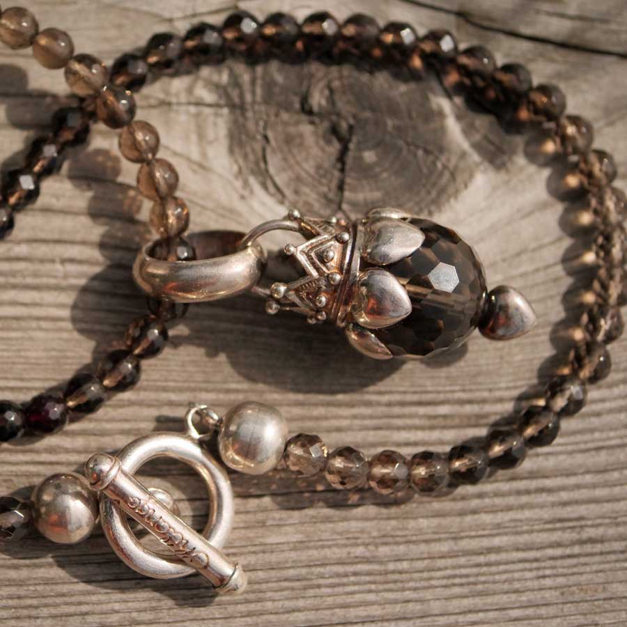 Chilango Smoky Quartz Necklace in 100 cm Length with Great Crown Smoky Quartz Pendant 925 Silver