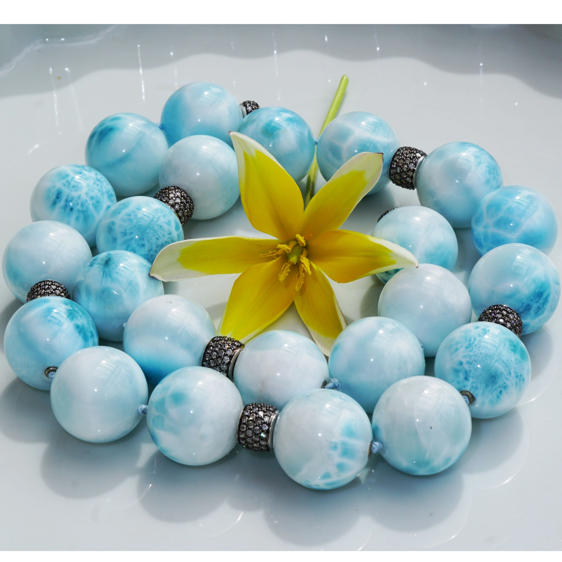 Larimar Ball Necklace 18 kt Whitegold with grey Diamonds..cloudy Beauty..Highest Quality