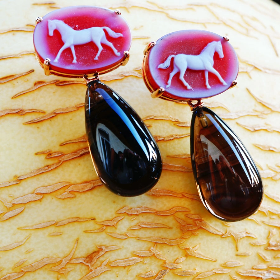Earrings with Horse Carnelians 18 kt Yellow Gold...with Smokey Quartz Beads