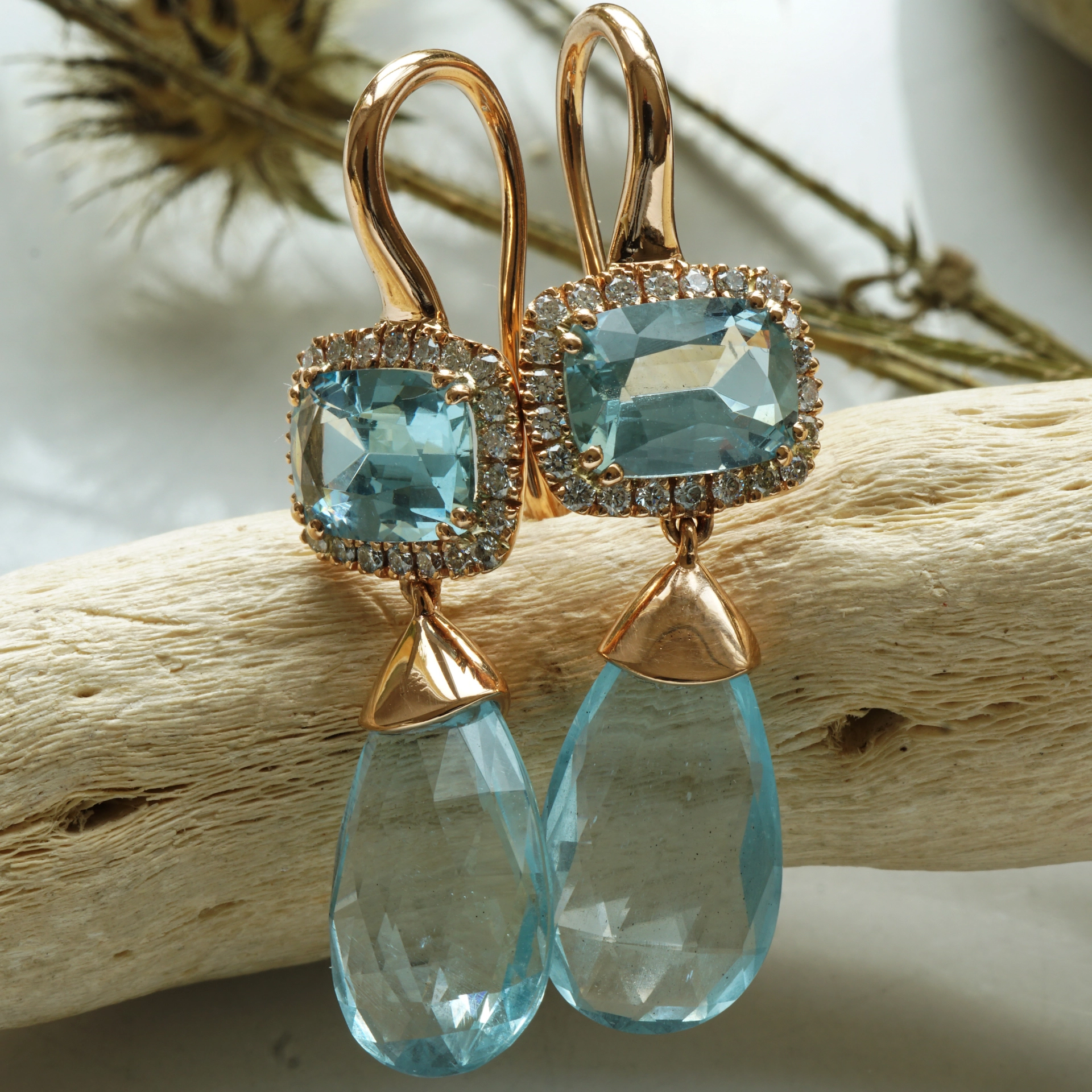 Aquamarin Brillant Ohrhänger 750er Rosegold 7.84 ct designed in Valenza